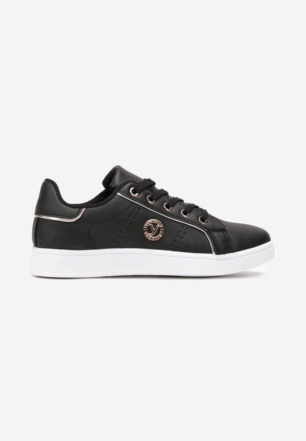 Renee - Czarne Sneakersy z Imitacji Skóry z Naszywką i Ozdobnymi Przeszyciami Variantia. Okazja: na co dzień. Kolor: czarny. Materiał: skóra. Wzór: aplikacja. Obcas: na płaskiej podeszwie