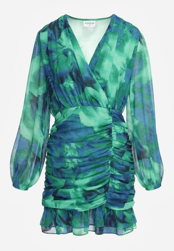 Renee - Zielona Taliowana Sukienka Mini z Kopertowym Dekoltem Ozdobiona Marszczeniem i Falbanką Sanitresa. Kolor: zielony. Wzór: aplikacja. Typ sukienki: kopertowe. Długość: mini