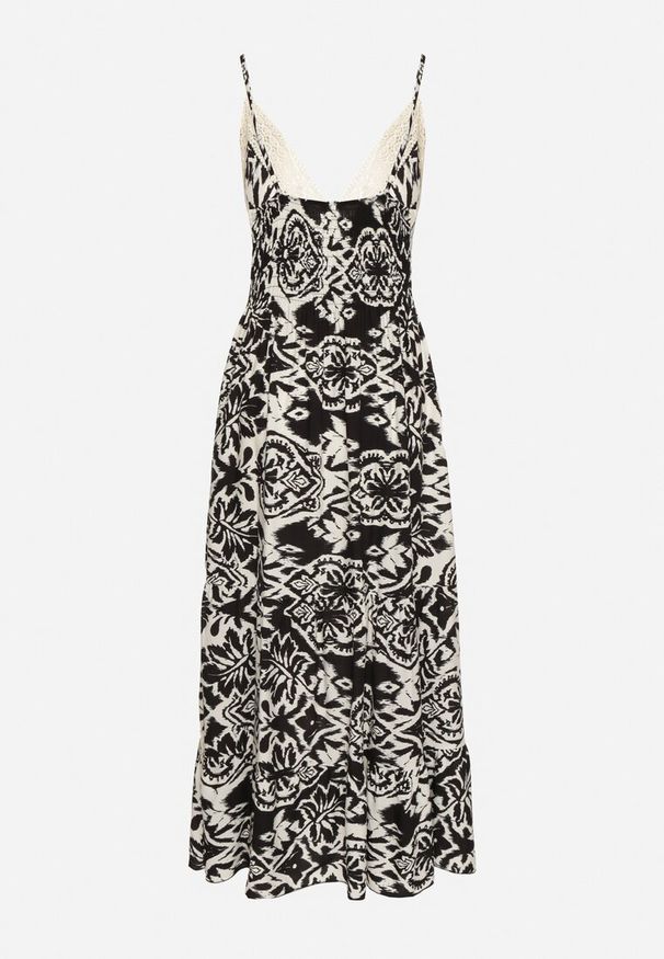 Born2be - Czarna Bawełniana Sukienka Rozkloszowana w Etniczny Wzór z Koronką Taliosha. Okazja: na co dzień. Typ kołnierza: dekolt w kształcie V. Kolor: czarny. Materiał: koronka, bawełna. Długość rękawa: na ramiączkach. Wzór: koronka. Styl: elegancki, casual