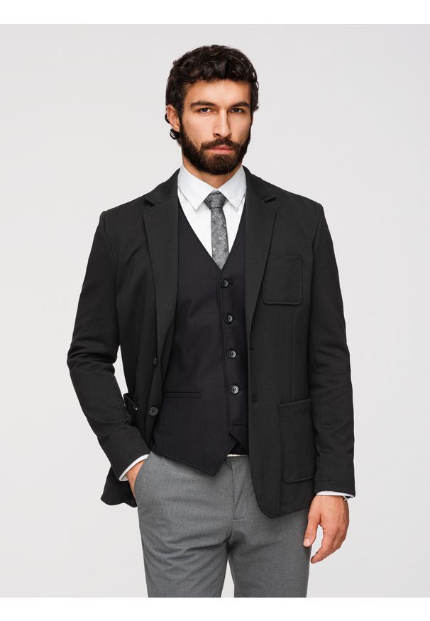 Ombre Clothing - Marynarka męska SLIM z dzianiny o subtelnej strukturze – czarna V2. Okazja: do pracy. Kolor: czarny. Materiał: dzianina. Wzór: kolorowy. Styl: klasyczny