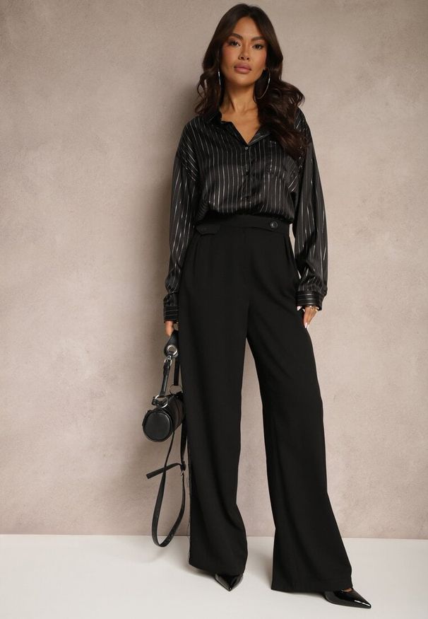 Renee - Czarne Spodnie z Wiskozą o Szerokim Kroju z Imitacją Kieszeni Zinnithria. Okazja: na co dzień. Kolor: czarny. Materiał: wiskoza. Styl: elegancki, casual