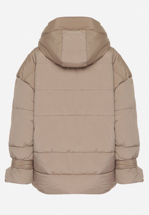 Born2be - Beżowa Pikowana Kurtka Oversize z Kapturem i Paskami przy Rękawach Unitessa. Okazja: na co dzień, na spacer. Typ kołnierza: kaptur. Kolor: beżowy. Materiał: jeans. Wzór: paski. Styl: casual