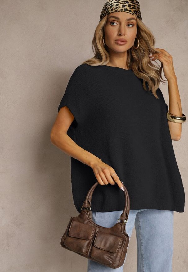 Renee - Czarny Sweter z Bawełną w Stylu Nietoperza Nilariella. Okazja: na co dzień, do pracy. Kolor: czarny. Materiał: bawełna. Styl: elegancki, casual