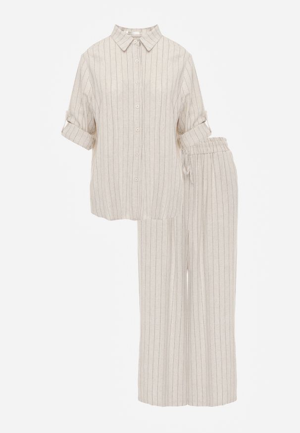 Renee - Jasnobeżowy Komplet z Wiskozy i Lnu w Delikatne Prążki Koszula i Spodnie Wide Leg Cliffesa. Kolor: beżowy. Materiał: wiskoza, len. Wzór: prążki