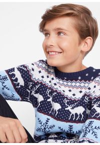 bonprix - Sweter chłopięcy w renifery. Kolor: niebieski. Materiał: bawełna. Wzór: prążki, nadruk #3