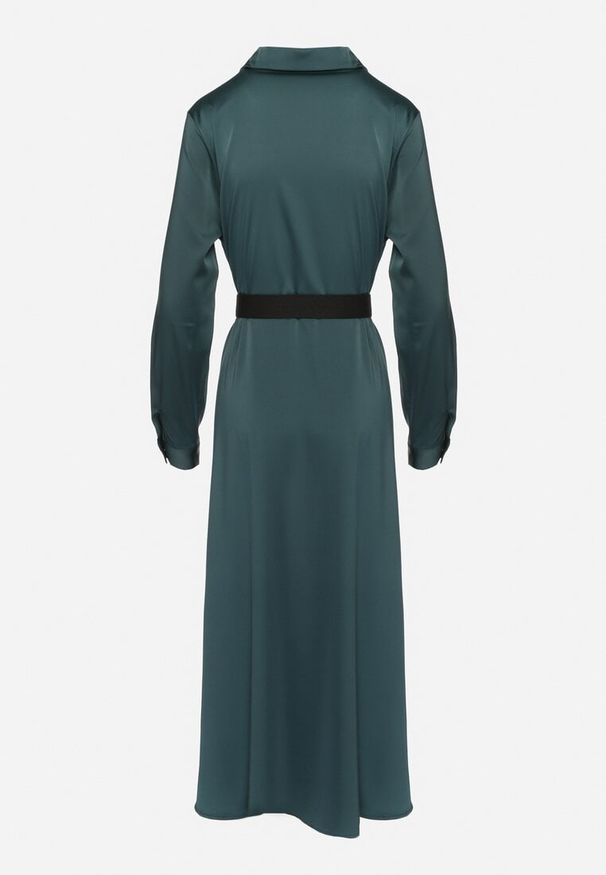 Born2be - Zielona Sukienka Szmizjerka z Satyny Ozdobiona Paskiem i Imitacjami Kieszeni Vamilea. Okazja: na co dzień. Kolor: zielony. Materiał: satyna. Wzór: aplikacja. Typ sukienki: szmizjerki. Styl: klasyczny, casual, elegancki