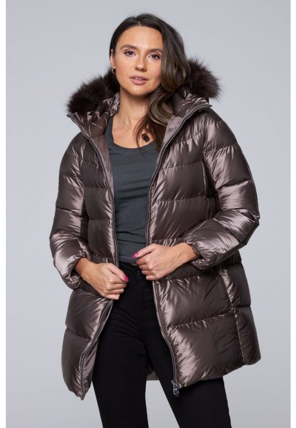 Hetrego - HETREGO Taupe damska długa kurtka puchowa Hanna z lisem, Rozmiar 36 EU - 40 IT. Kolor: szary. Materiał: puch. Długość: długie