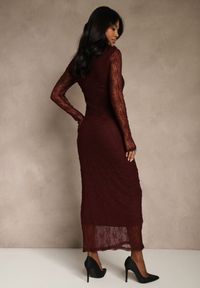 Renee - Bordowa Koronkowa Sukienka Typu Longsleeve o Dopasowanym Kroju Zenoresa. Kolor: czerwony. Materiał: koronka. Długość rękawa: długi rękaw. Typ sukienki: oversize. Styl: elegancki #3