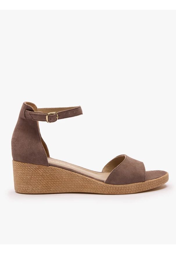 Ryłko - Szare sandały na koturnie. Okazja: na co dzień. Nosek buta: okrągły. Zapięcie: sprzączka. Kolor: szary. Materiał: skóra, welur. Sezon: lato. Obcas: na koturnie. Styl: street, elegancki, casual, klasyczny, wakacyjny