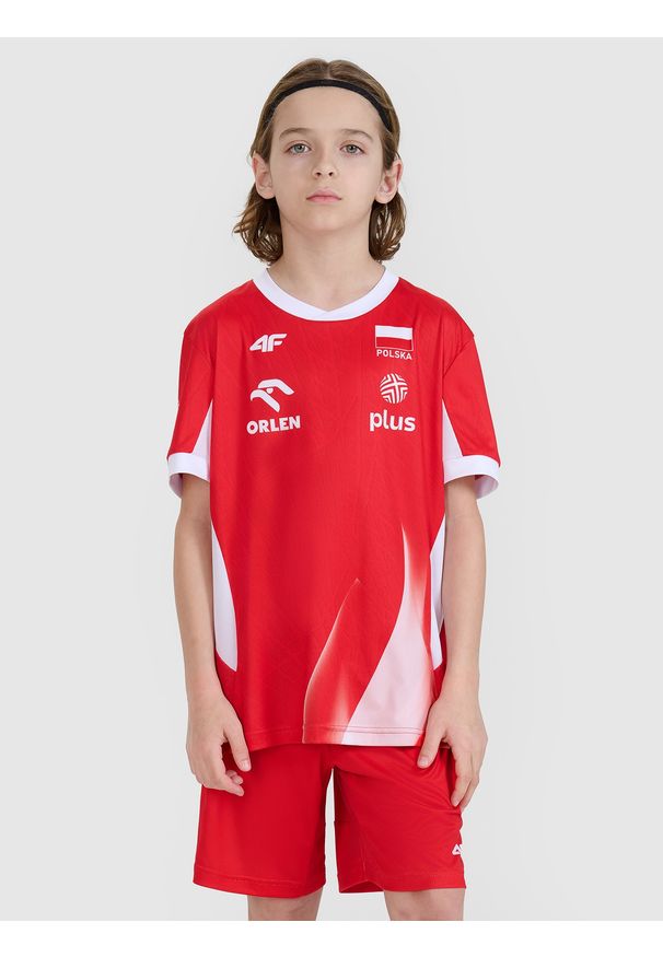 4f - 4F Koszulka meczowa replika wyjazdowa dziecięca 4F x Polska Siatkówka - czerwona 134/140 (8-10 lat). Kolor: czerwony. Materiał: dzianina, włókno, materiał, syntetyk. Wzór: aplikacja, gładki, ze splotem. Sezon: lato. Styl: klasyczny, sportowy