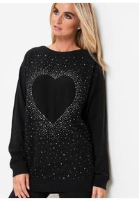bonprix - Długi sweter z mieszanki bawełny. Typ kołnierza: dekolt w łódkę. Kolor: czarny. Materiał: bawełna. Długość: długie. Wzór: aplikacja. Styl: elegancki #2