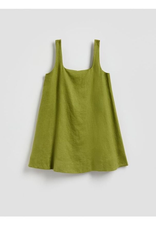 Reserved - Lniana sukienka mini - oliwkowy. Kolor: oliwkowy. Materiał: len. Długość: mini