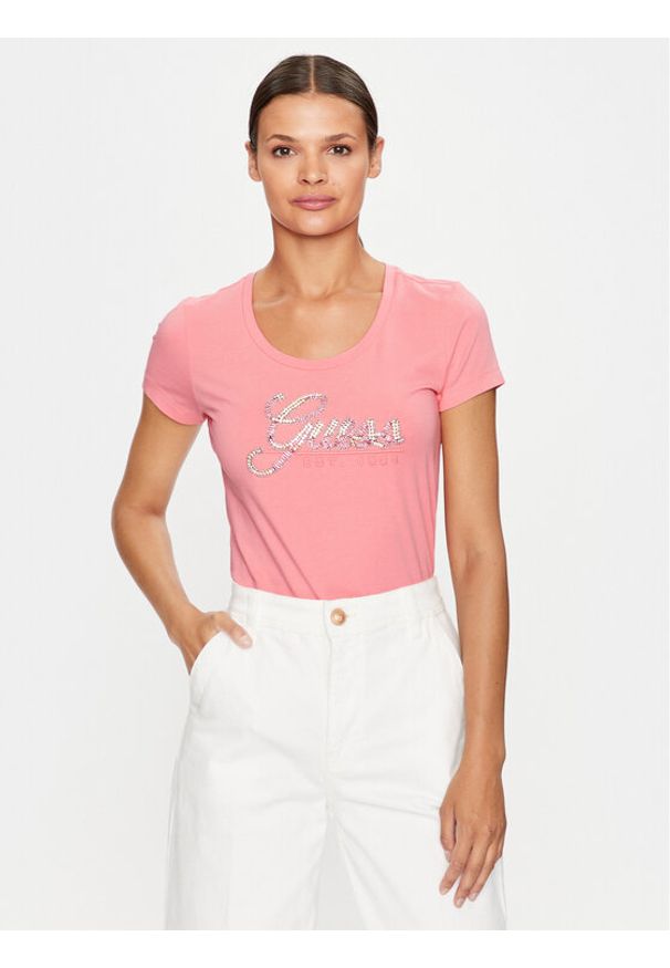 Guess T-Shirt W3YI36 J1314 Różowy Slim Fit. Kolor: różowy. Materiał: bawełna