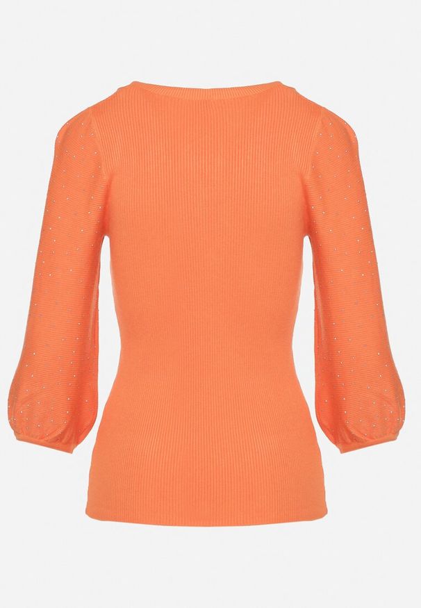 Born2be - Pomarańczowy Sweter z Lekko Bufiastymi Rękawami o Długości 7/8 z Cyrkoniami Irissi. Okazja: na co dzień. Kolor: pomarańczowy. Materiał: jeans, tkanina. Sezon: jesień, wiosna. Styl: elegancki, casual