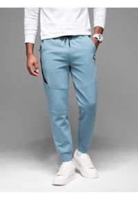 Ombre Clothing - Spodnie dresowe męskie ze ściągaczami i ozdobnym zamkiem – jasnoniebieskie V4. Kolor: niebieski. Materiał: dresówka. Styl: sportowy, elegancki