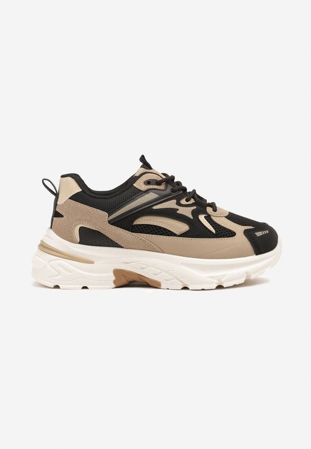 Born2be - Czarno-Beżowe Sneakersy na Grubej Podeszwie z Tłoczeniem i Geometrycznym Wzorem Iveloria. Okazja: na co dzień. Nosek buta: okrągły. Kolor: czarny. Materiał: jeans. Wzór: geometria