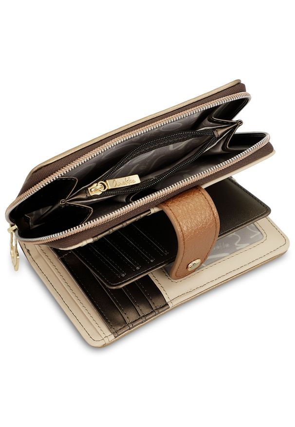 Portfel damski Anekke, z miejscem na karty i zdjęcia zapinany na zamek, multikolor, 42719-909. Kolor: brązowy. Wzór: aplikacja, haft