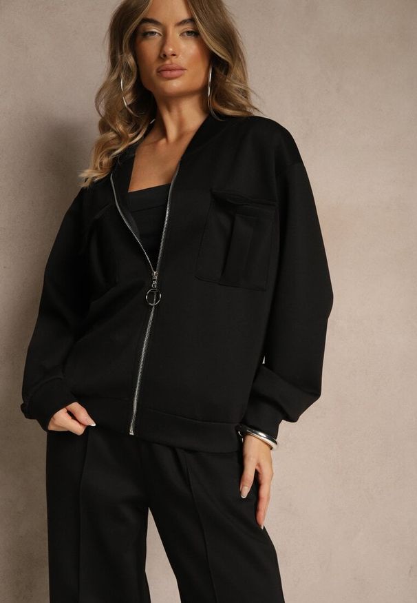 Renee - Czarny Komplet Dresowy z Bawełny Zasuwana Bluza i Spodnie Teviora. Kolor: czarny. Materiał: bawełna, dresówka