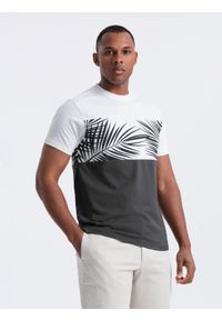 Ombre Clothing - T-shirt meski dwukolorowy z nadrukiem w liście palmy - grafitowy V2. Kolor: szary. Materiał: bawełna, jersey, dzianina. Wzór: nadruk. Sezon: lato. Styl: wakacyjny #6
