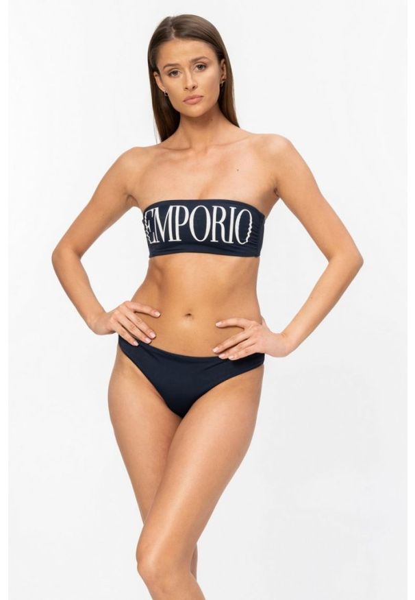 Emporio Armani - EMPORIO ARMANI Granatowe bikini z białym logo. Kolor: niebieski. Materiał: poliamid