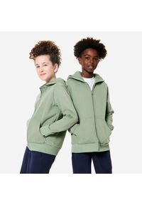 DOMYOS - Bluza dziecięca Decathlon rozpinana. Typ kołnierza: kaptur. Kolor: zielony. Materiał: bawełna, włókno
