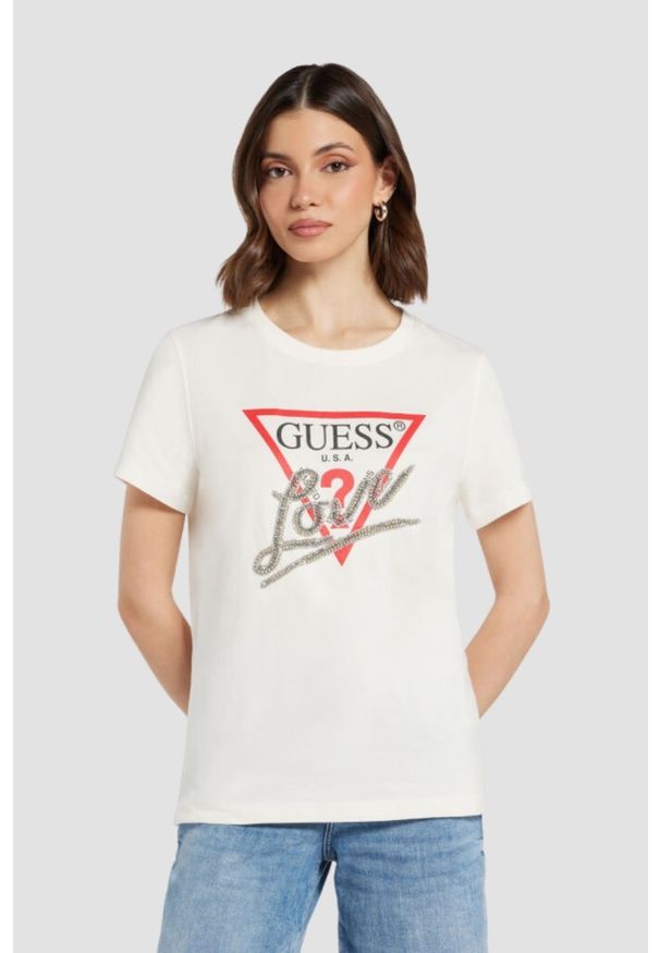 Guess - GUESS Biały t-shirt damski Love Tee. Kolor: biały