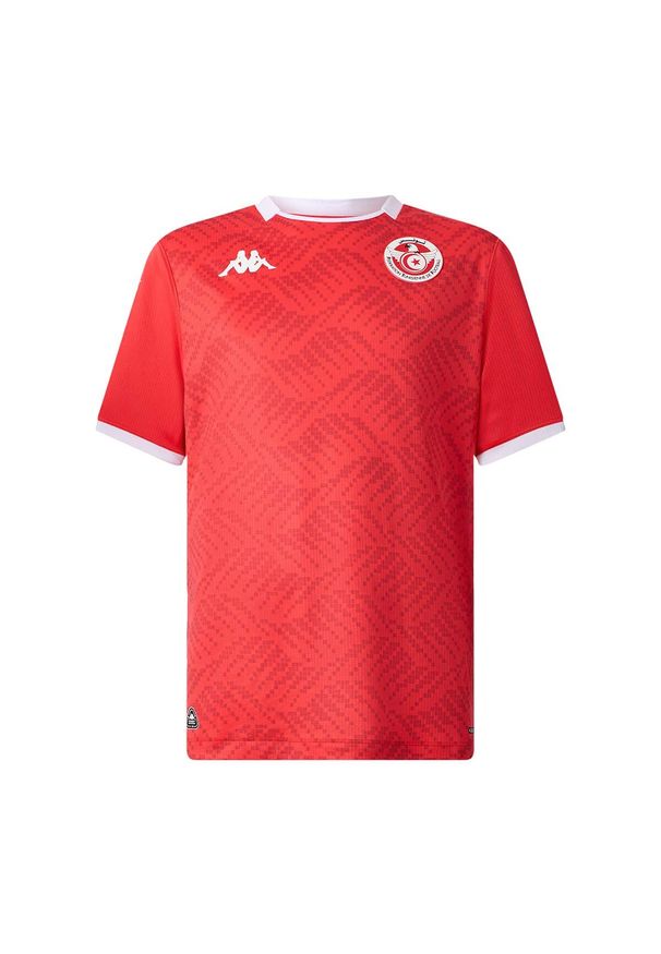 Kappa - Koszulka domowa dziecięca Tunezja Kombat 2025/26. Kolor: czerwony, wielokolorowy, biały. Sport: piłka nożna