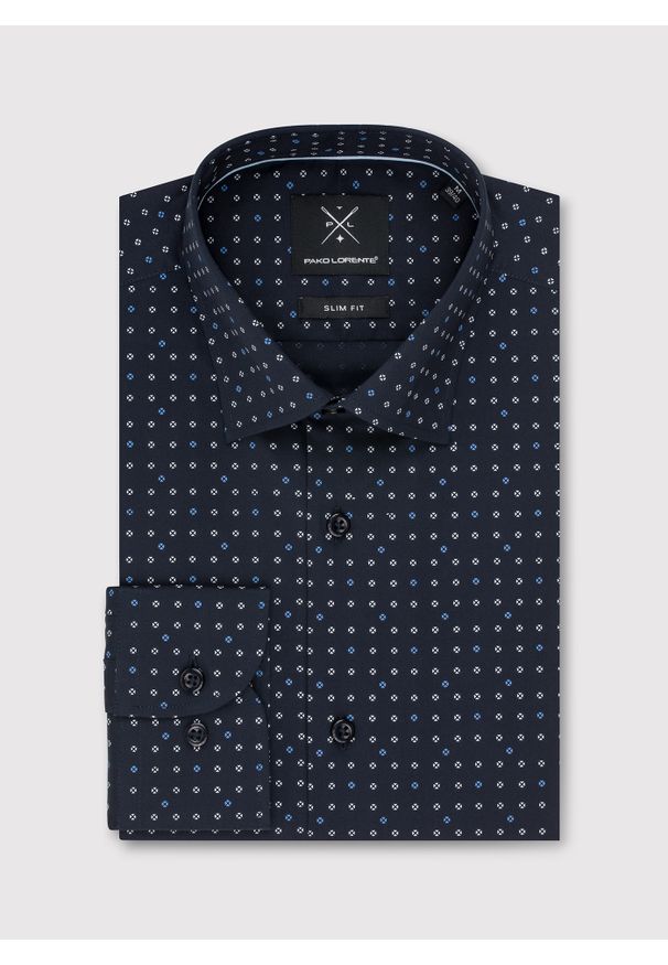 Pako Lorente - PAKO LORENTE – Granatowa koszula męska w mikrowzór. Kolor: niebieski. Materiał: bawełna, elastan. Długość rękawa: długi rękaw. Długość: długie. Sezon: wiosna, lato