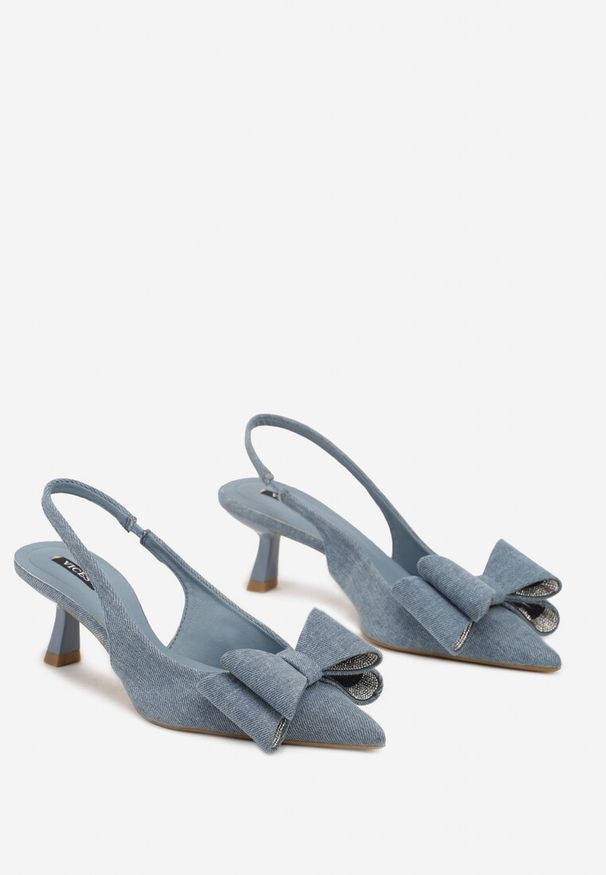 Renee - Niebieskie Czółenka na Szpilce Kaczuszce Ozdobione Cyrkoniami i Kokardą Felabra. Okazja: na spotkanie biznesowe. Nosek buta: szpiczasty. Kolor: niebieski. Wzór: aplikacja. Obcas: na szpilce. Styl: wizytowy, klasyczny, biznesowy