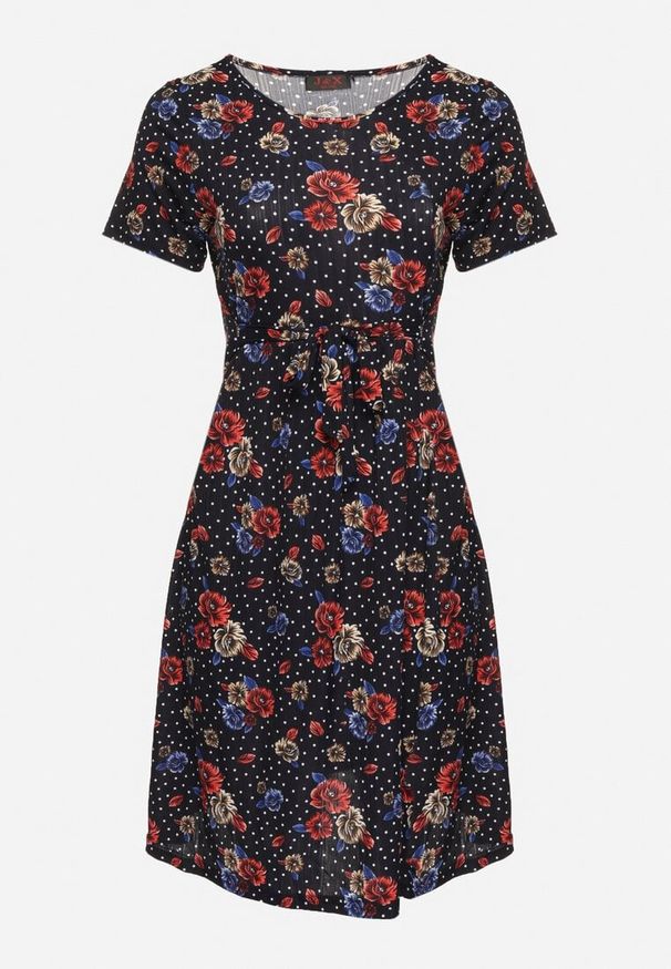 Born2be - Granatowo-Czerwona Rozkloszowana Sukienka w Kwiatowy Wzór Lumilisse. Okazja: na spacer, na co dzień. Kolor: niebieski. Wzór: kwiaty. Styl: klasyczny, casual, elegancki