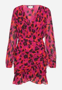 Born2be - Czerwona Panterkowa Kopertowa Sukienka Ozdobiona Marszczeniem i Falbaną Valentica. Okazja: na spacer. Typ kołnierza: dekolt w kształcie V. Kolor: czerwony. Długość rękawa: długi rękaw. Wzór: aplikacja. Sezon: jesień. Typ sukienki: kopertowe. Styl: klasyczny, elegancki #4