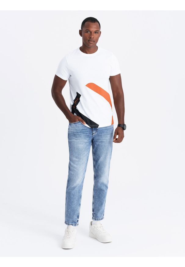 Ombre Clothing - Bawełniany t-shirt męski z kontrastowym dwukolorowym printem – biały V2 OM-TSPT-0219 - XXL. Okazja: na co dzień. Kolor: biały. Materiał: bawełna. Wzór: nadruk. Styl: casual