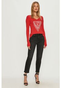 Guess Jeans - Sweter. Okazja: na co dzień. Kolor: czerwony. Materiał: jeans. Długość rękawa: długi rękaw. Długość: długie. Wzór: aplikacja. Styl: casual #4