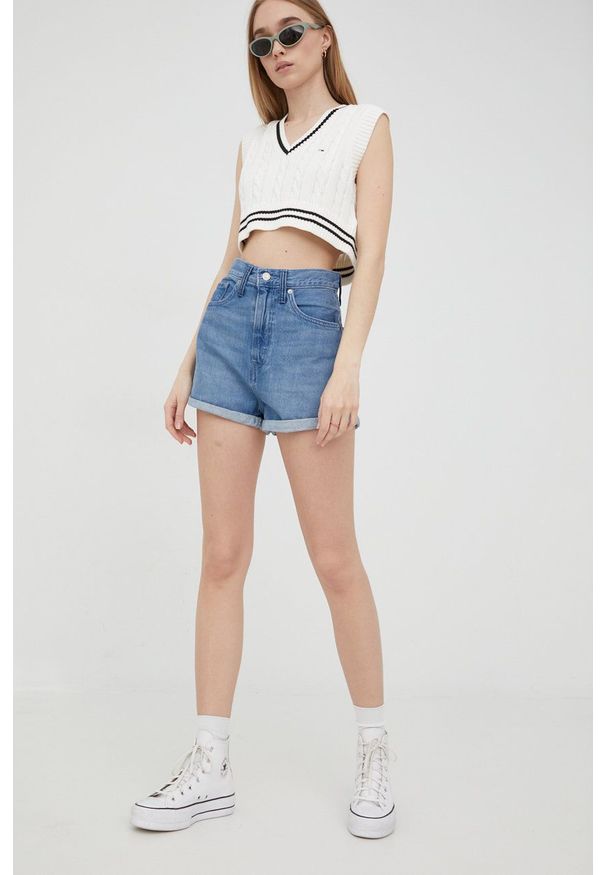 Levi's® - Levi's szorty jeansowe WLTRD damskie gładkie high waist. Okazja: na spotkanie biznesowe. Stan: podwyższony. Kolor: niebieski. Materiał: jeans. Wzór: gładki. Styl: biznesowy