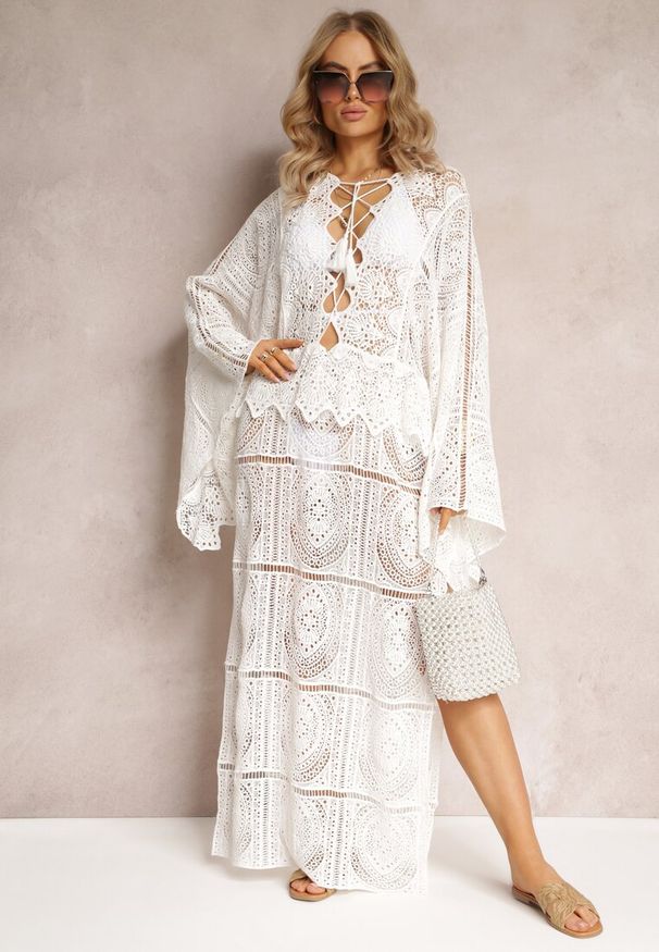 Renee - Biała Szydełkowa Sukienka Maxi z Wycięciami i Wiązaniem Upenna. Kolor: biały. Materiał: tkanina, bawełna. Wzór: aplikacja. Styl: elegancki. Długość: maxi