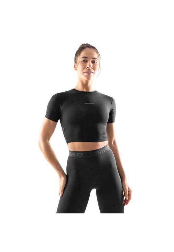 SIROKO - Damska koszulka treningowa crop top z krótkim rękawem Fitness Siroko Sculpt. Kolor: czarny. Materiał: tkanina. Długość rękawa: krótki rękaw. Długość: krótkie. Sport: fitness