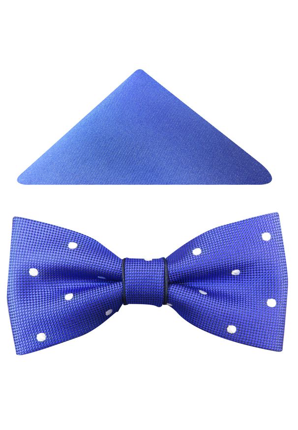 Modini - Niebiesko-granatowa mucha męska w białe grochy A50. Kolor: biały, wielokolorowy, niebieski. Materiał: poliester, tkanina. Wzór: grochy. Styl: elegancki