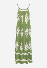 Born2be - Zielona Sukienka o Rozkloszowanym Kroju na Ramiączkach w Etniczny Wzór Revoniae. Okazja: na co dzień. Typ kołnierza: dekolt w kształcie V. Kolor: zielony. Długość rękawa: na ramiączkach. Styl: elegancki, casual #6