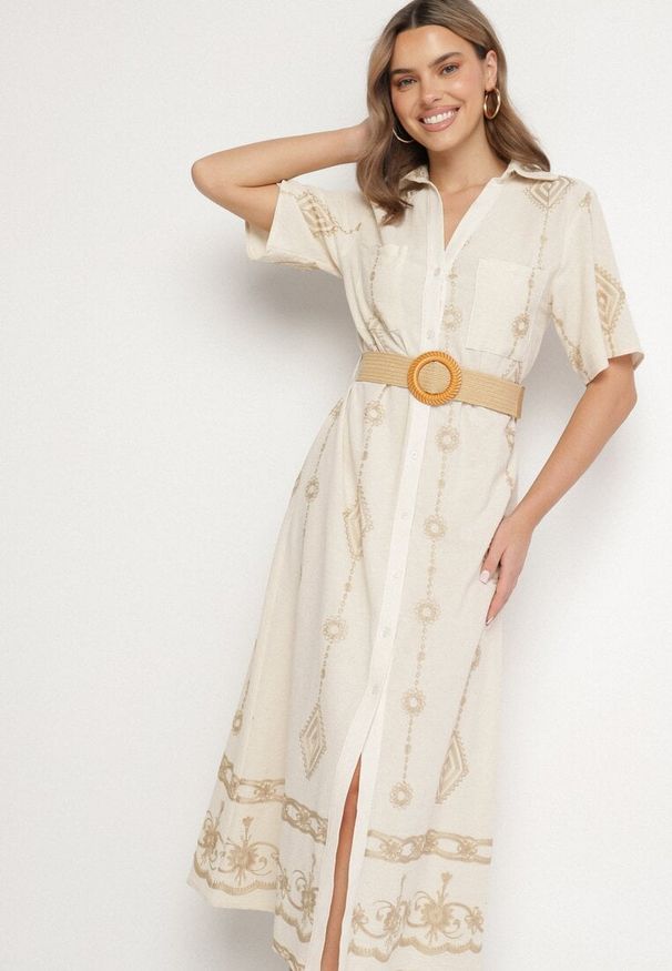 Born2be - Beżowa Bawełniana Sukienka Koszulowa z Ozdobnym Paskiem i Haftem Evialisse. Okazja: na imprezę, na co dzień. Kolor: beżowy. Materiał: bawełna. Wzór: haft. Typ sukienki: koszulowe. Styl: elegancki, casual