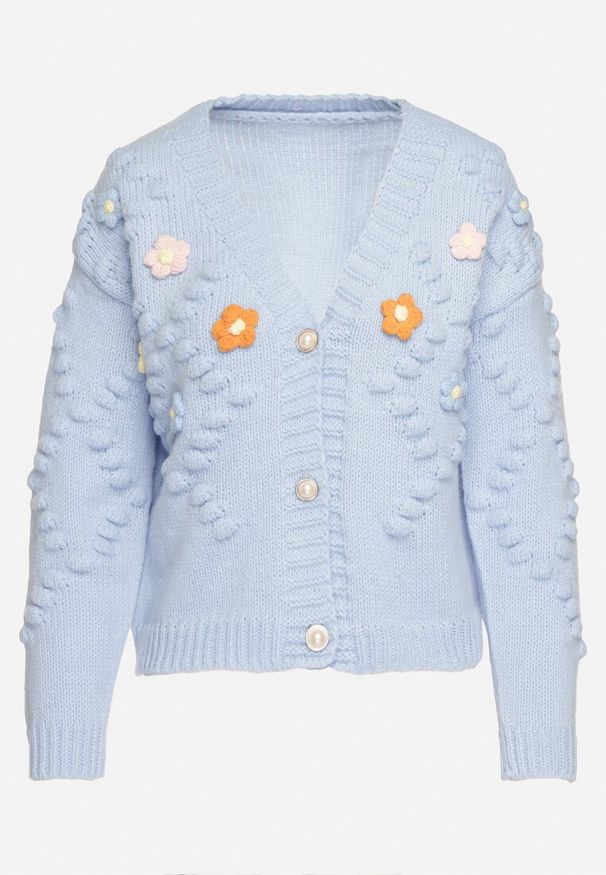 Born2be - Jasnoniebieski Kardigan Ozdobiony Pomponikami i Wypukłymi Kwiatkami Terilisse. Kolor: niebieski. Wzór: aplikacja, kwiaty. Styl: elegancki, klasyczny