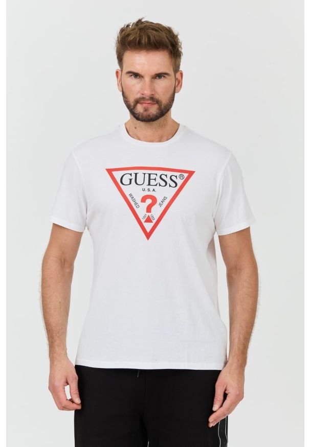 Guess - GUESS Biały męski t-shirt bawełniany z dużym logo Clsc Tri Logo, Rozmiar L. Kolor: biały. Materiał: bawełna