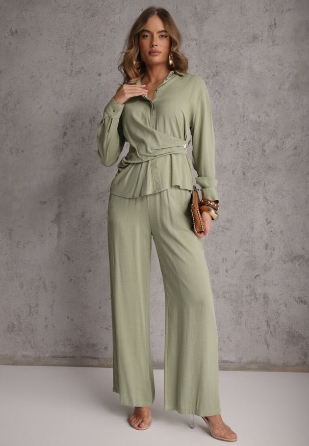 Renee - Zielony Komplet z Wiskozy Spodnie Szerokie i Koszula z Ozdobnym Materiałem Airial. Kolor: zielony. Materiał: wiskoza, materiał