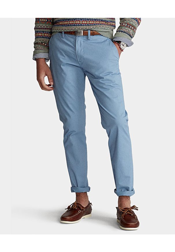 Ralph Lauren - RALPH LAUREN - Błękitne spodnie chino z logo. Kolor: niebieski. Materiał: bawełna, tkanina. Wzór: haft