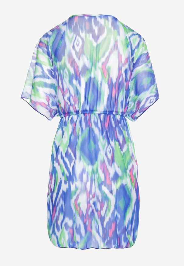 Born2be - Niebieska Narzutka Siateczkowa w Abstrakcyjny Wzór z Wiązaniem Revarella. Okazja: na co dzień. Kolor: niebieski. Styl: casual