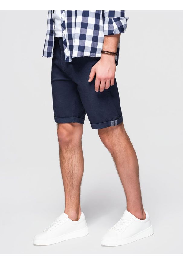Ombre Clothing - Męskie klasyczne szorty chino z podwiniętą nogawką - granatowe V10 - Rozmiar: XL. Kolor: niebieski. Materiał: bawełna, elastan. Sezon: lato. Styl: klasyczny