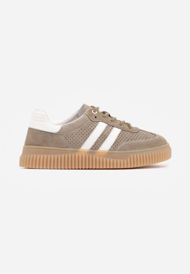 Born2be - Ciemnobeżowe Zamszowe Sneakersy na Tłoczonej Kauczukowej Podeszwie z Paskami Taralia. Zapięcie: pasek. Kolor: beżowy. Materiał: zamsz, kauczuk