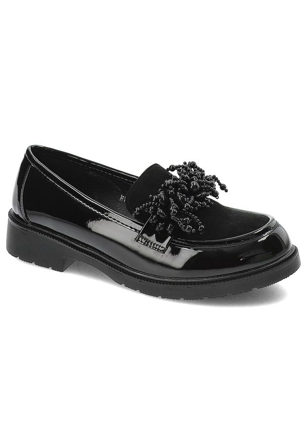 Czarne Półbuty S.Barski Eleganckie Mokasyny Damskie. Okazja: do pracy. Kolor: czarny. Materiał: guma, lakier, skóra. Wzór: aplikacja. Obcas: na obcasie. Styl: elegancki. Wysokość obcasa: niski