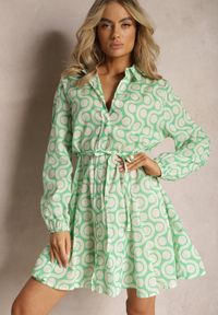 Renee - Zielono-Beżowa Koszulowa Sukienka z Bawełny z Geometrycznym Wzorem Vearil. Kolor: zielony. Materiał: bawełna. Wzór: geometria. Typ sukienki: koszulowe #3