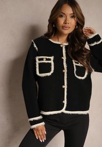 Renee - Czarny Rozpinany Kardigan w Eleganckim Stylu z Nitami i Lamówką Irinalea. Okazja: na co dzień, do pracy. Kolor: czarny. Materiał: jeans. Długość rękawa: długi rękaw. Długość: długie. Styl: elegancki #4