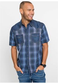 bonprix - Koszula z krótkim rękawem i jeansową wstawką z czystej bawełny. Kolor: niebieski. Materiał: bawełna, tkanina, jeans. Długość rękawa: krótki rękaw. Długość: krótkie. Wzór: aplikacja. Styl: elegancki #1